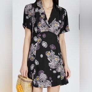 Free people black flare flowy Black mini Dress with Purple Floral Design S